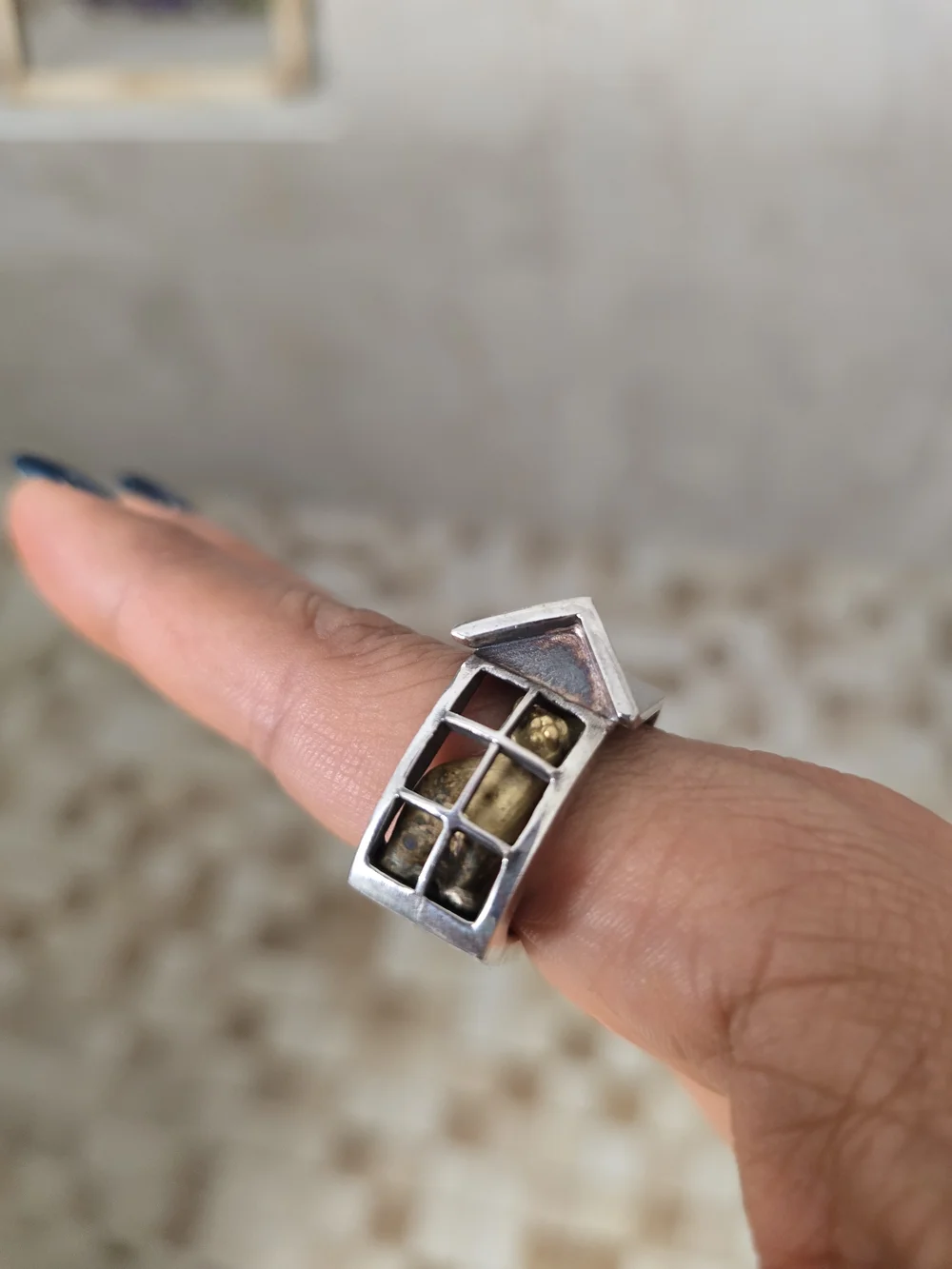 Sterling Silver Architectural House Ring with Gold Accents